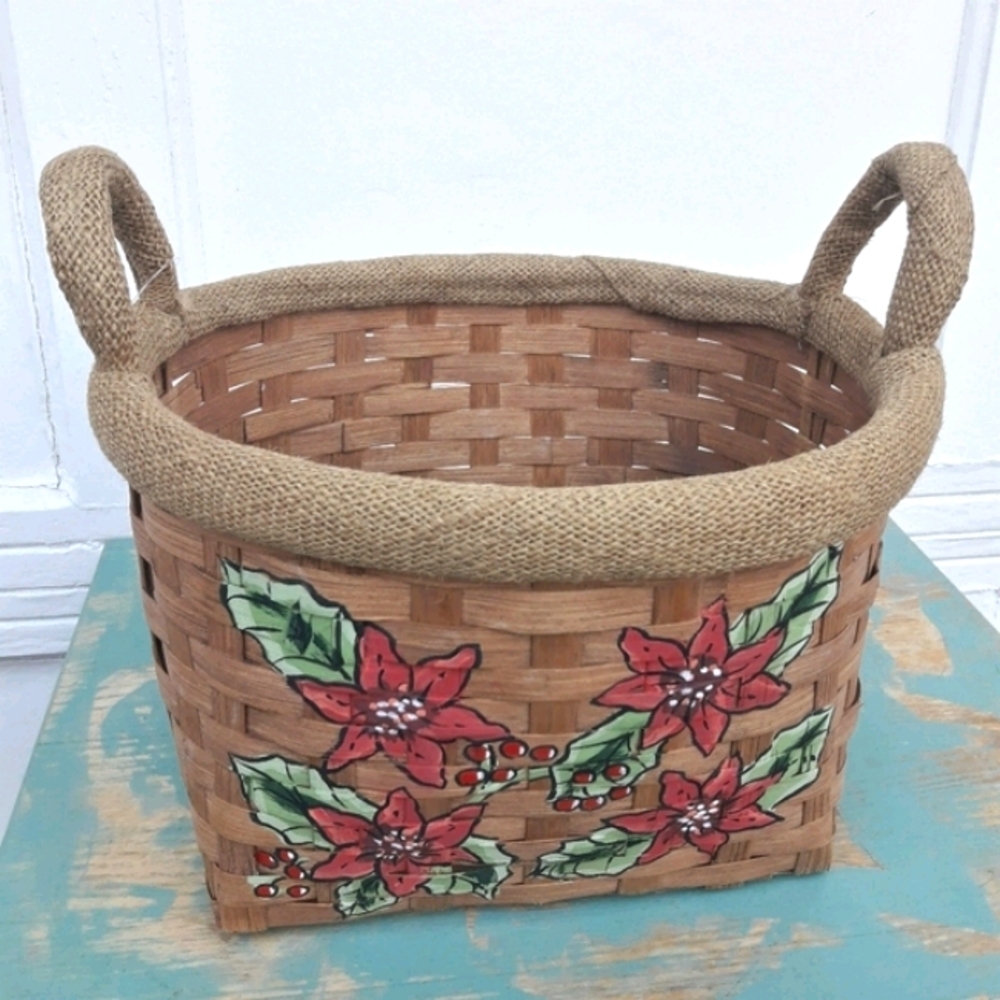 Christmas Basket Boho Woven Wicker Basket Tweed Linen with Handles Burlap Trim